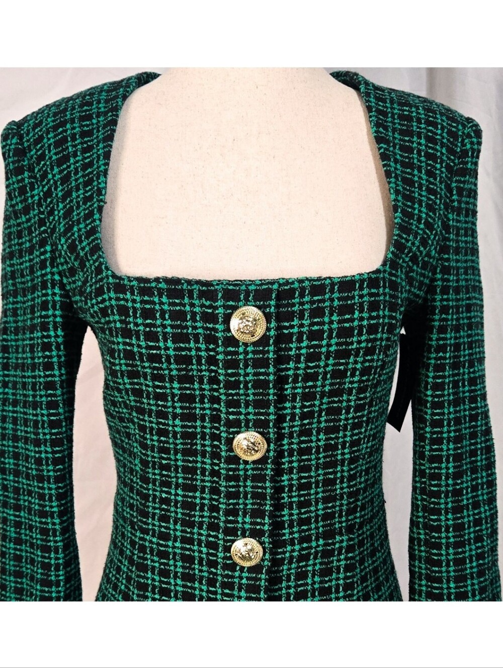 Rebecca Vallance Becca Dress Green Plaid Gold Button Long Sleeve Mini Tweed 90s - Picture 5 of 8